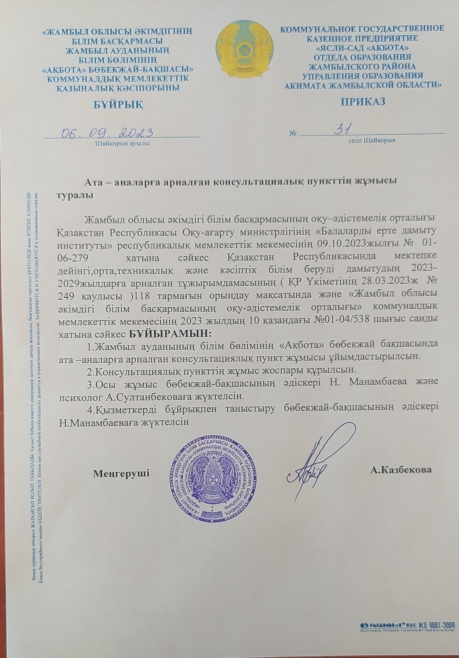 Консультациялық пунктің жоспары мен бұйрығы