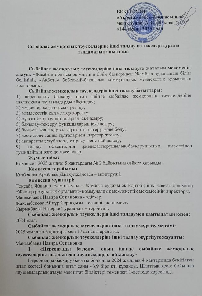 Сыбайлас  жемқорлық  тәуекелдеріне ішкі талдау  нәтижелері  туралы  талдамалық  анықтама