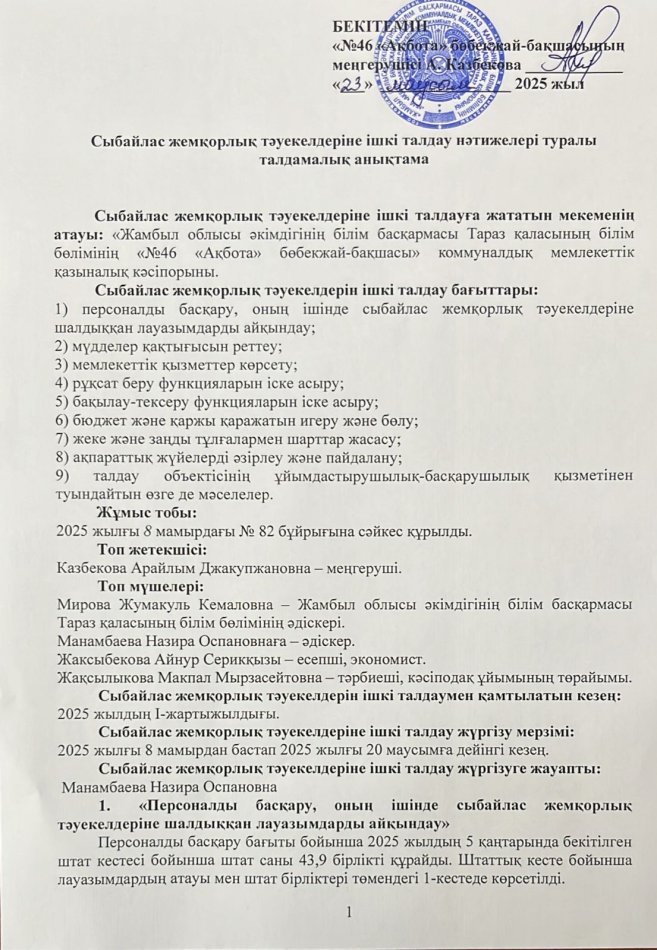 Сыбайлас жемқорлық тәуекелдеріне ішкі талдау нәтижелері туралы талдамалық анықтама