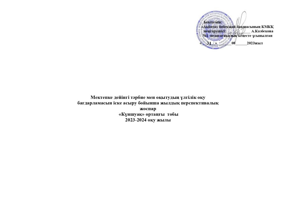Перспективалық жоспар Күншуақ тобы 2023-2024 оқу жылы